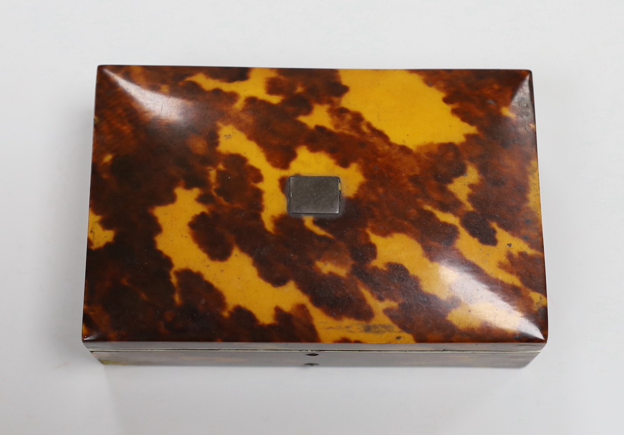 A Victorian tortoiseshell and ivory mounted pen and ink box, 10.5cm and a Chinese white metal telescopic tumbler in a tortoiseshell box